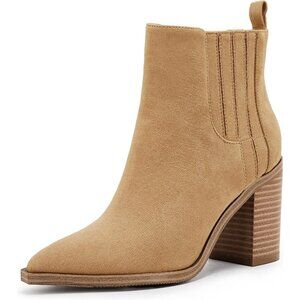 Womens Khaki Faux Leather Slip on Pointed Toe Chunky Block Mid Heel Booties